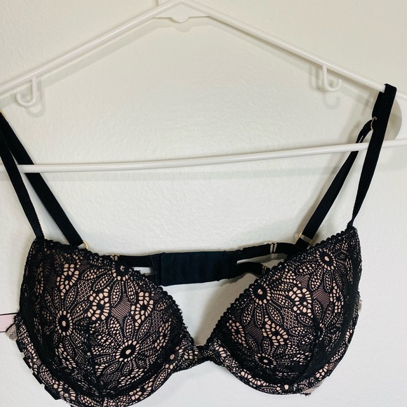 VICTORIA'S SECRET VERY SEXY PUSH UP PADDED BRA 32C/C70 BLACK BEIGE LACE - Picture 2 of 8
